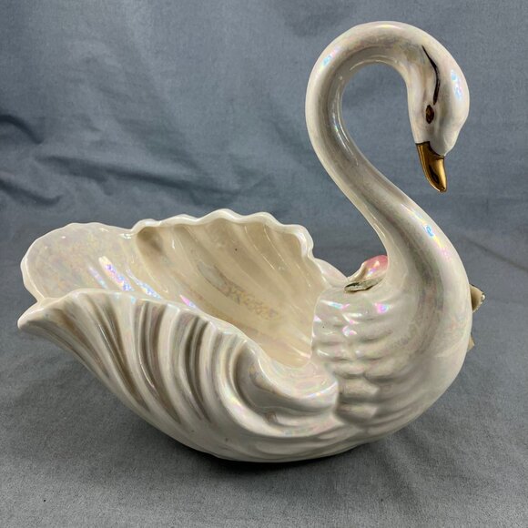 Vtg 9" Ceramic Swan Lustreware White Pink Roses Japan Planter Candy Dish Bath - Picture 2 of 4